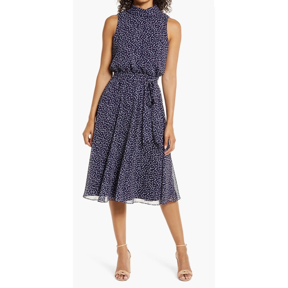 Harper Rose Confetti Print Blouson Midi Dress Navy Blue Mock Neck Size 8